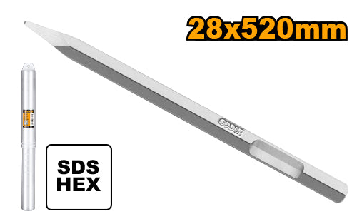 Burin hexagonal pointu 28x520mm. Pour béton/brique.