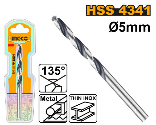 Foret HSS 4341 pour métal. Diamètre 5mm, longueur utile 52mm. pointe 135°.