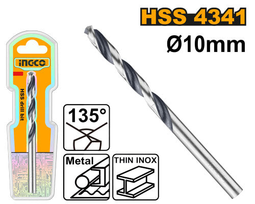 Foret HSS 4341 pour métal. Diamètre 10mm, longueur utile 87mm. pointe 135°.