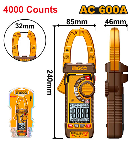 Pince ampèremétrique True RMS 4000 points. Mesure courant AC, tension, résistance, capacité, fréquence.