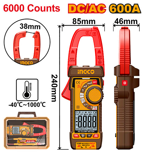 Pince ampèremétrique True RMS 6000 points. Mesure AC/DC, tension, capacité, fréquence, température.