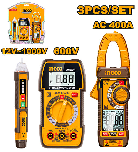 Kit 3 pièces: pince ampèremétrique, multimètre, détecteur de tension. Avec piles.