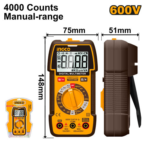 Multimètre True RMS 4000 points. Mesure tension, courant, résistance, test batterie.