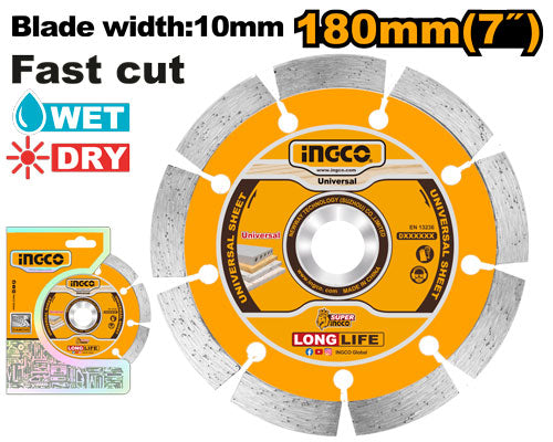 Diamond blade 180x22.2mm, width 10mm. Wet and dry cutting.