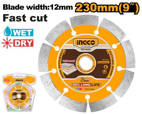 Diamond disc 230x22.2mm, 12mm width. Dry or wet cutting.