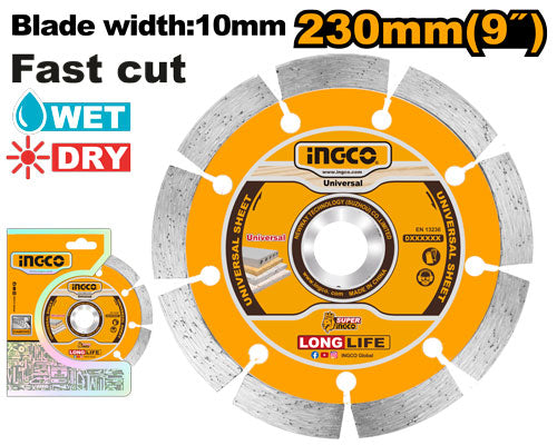 Disque diamant 230x22.2mm, largeur 10mm. Coupe humide et sèche.