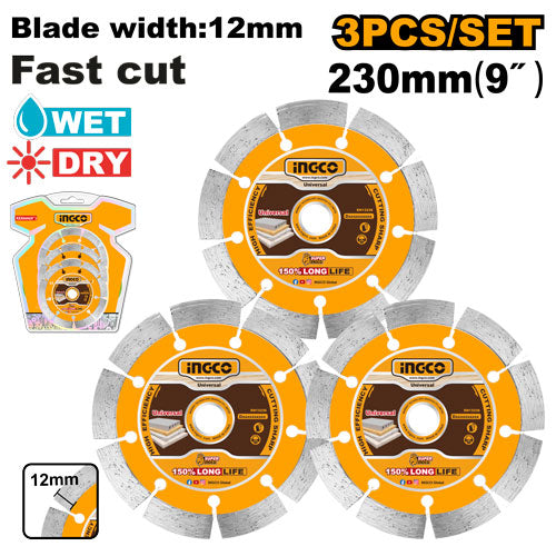 Lot de 3 disques diamant 230mm, largeur 12mm. Coupe à sec et à eau.