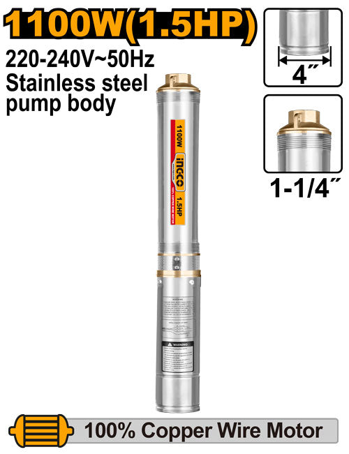 Pompe immergée 1100W, hauteur max 112m, débit 6m³/h. Corps inox.
