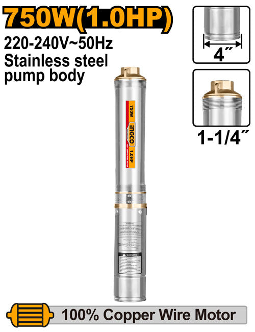 Pompe immergée 750W, hauteur max 80m, débit 6m³/h. Corps inox.