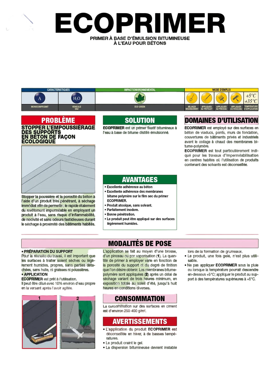 Enduit d'imperméabilisation bitumineux à froid ECOPRIMER - pour préparer les surfaces (béton, mortier, maçonnerie) avant l'application de membranes d'étanchéité bitumineuses - Seau de 20 Kg