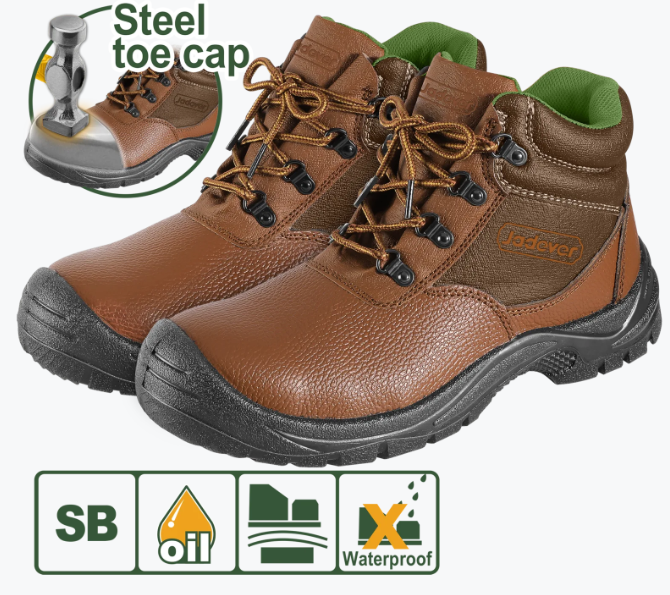 Chaussure haute de sécurité Classe de sécurité : SB Matériau extérieur : cuir Embout : acier Matériau de la semelle extérieure : PU/PU Fermeture : à lacets Type de talon : plat Emballé par boîte de couleur JADEVER JDSB3540