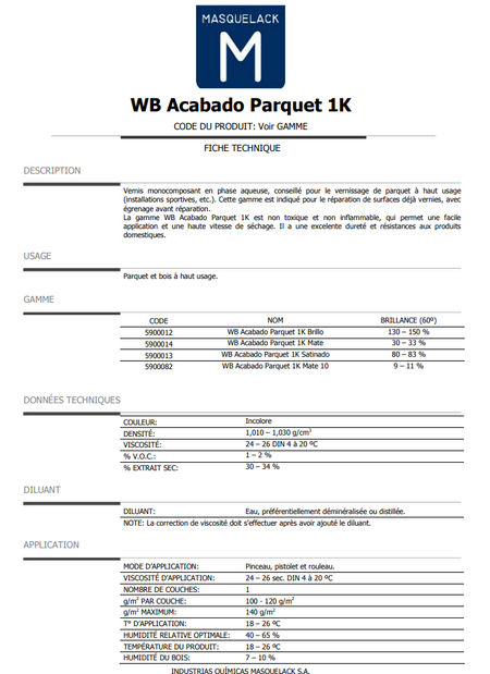 Bidon de 5 litres de vernis parquet monocomposant en phase aqueuse, fini transparent, rendement 50 m² en deux couches