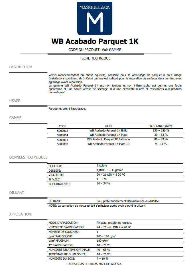 Bidon de 5 litres de vernis parquet monocomposant en phase aqueuse, fini transparent, rendement 50 m² en deux couches