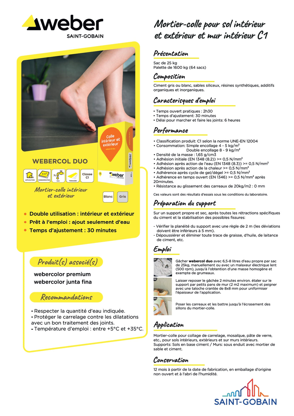 Mortier colle Webercol Duo St Gobain - Coloris Blanc - Polyvalent Classé C1 - Pour carrelage, mosaïque, céramique, intérieur & extérieur - Sac 25kg