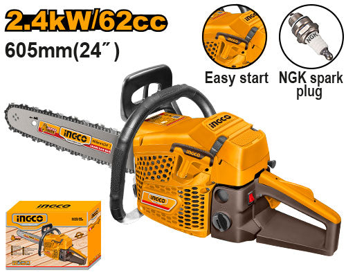 2.4kW (62cc) petrol chainsaw. 24" bar. 2-stroke engine.