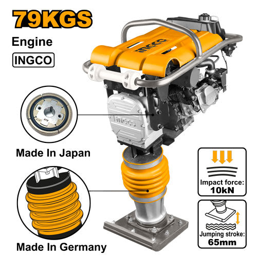 Pilonneuse 79kg, Moteur essence : 6,5 CV - Force d'impact 10KN - Taux d'impact : 450-660 tr/min - Pointure : 33 x 29 cm - Binashop