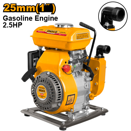 Motopompe essence 2.5HP, débit max 100L/min. Orifices 25mm.