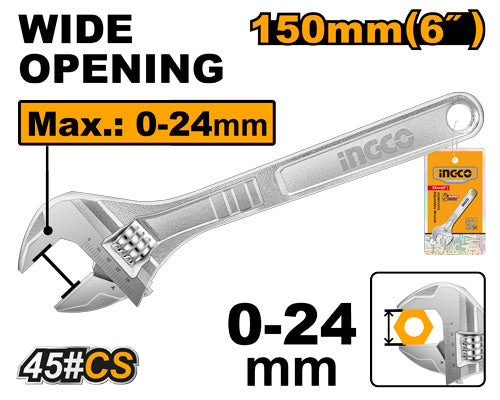 Adjustable wrench 150mm (6"), max opening 19.2mm.