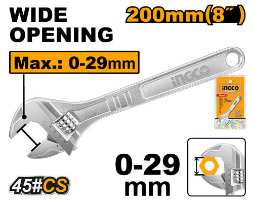 Adjustable wrench 200mm (8"), max opening 24mm.