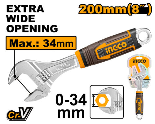 Adjustable wrench 200mm, soft grip. Opening 0-30mm.