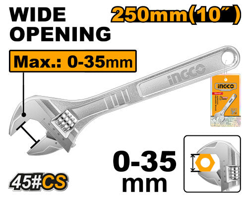Adjustable wrench 250mm (10"), max opening 30mm.