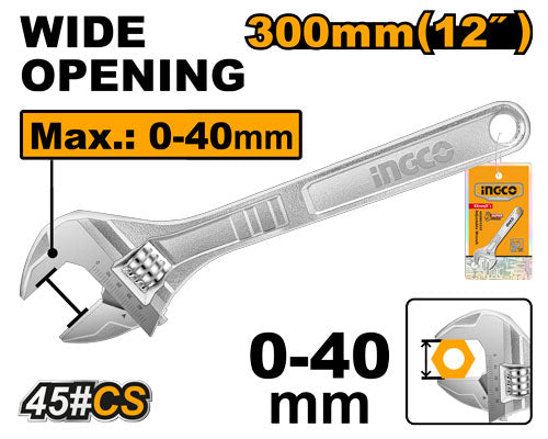 Adjustable wrench 300mm (12"), max opening 35mm.