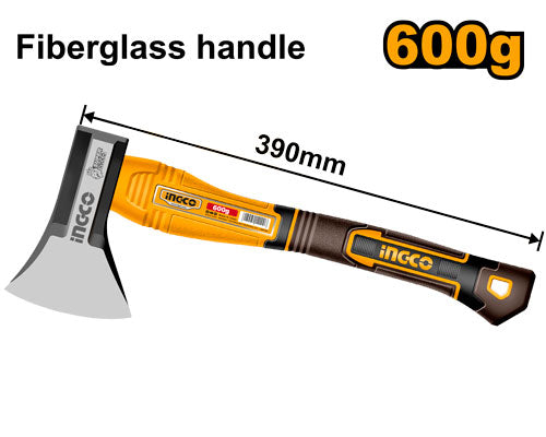 Hache 600g, tête forgée acier carbone 45#. Manche fibre de verre.