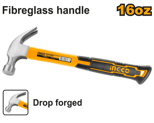 Marteau menuisier 450g, tête forgée acier carbone 45#. Manche fibre verre.