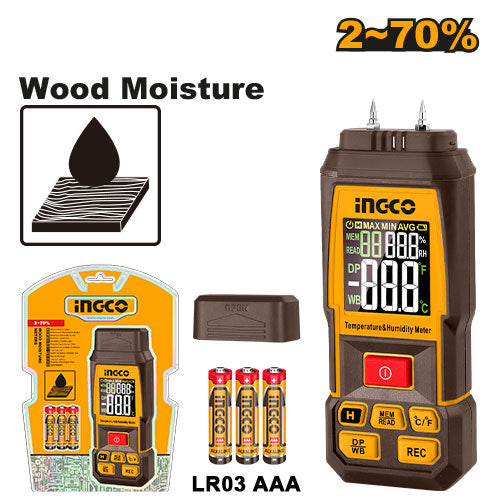 Humidimètre pour bois. Plage 2-70%, précision ±2%.