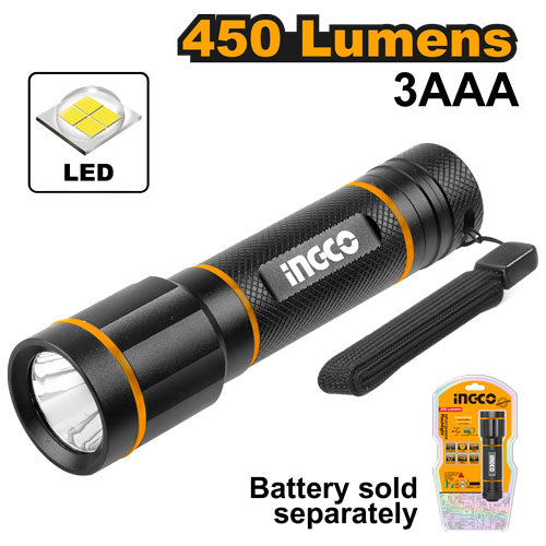 Lampe torche 250 lumens, portée 160m. Fonctionne avec 3 piles AAA.