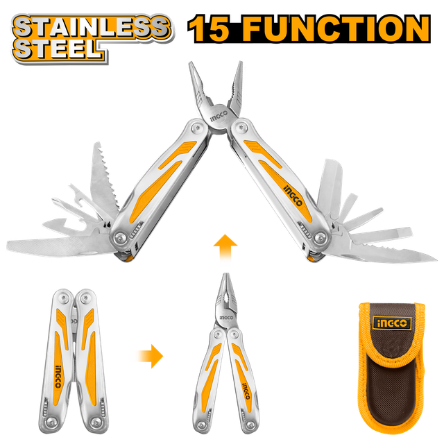 Pince multifonctions pliable 15 fonctions (pince, couteau, tournevis, scie, etc.).