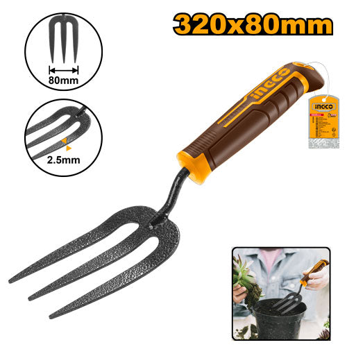 Fourche de jardin en acier carbone. Longueur 340mm, largeur 100mm.