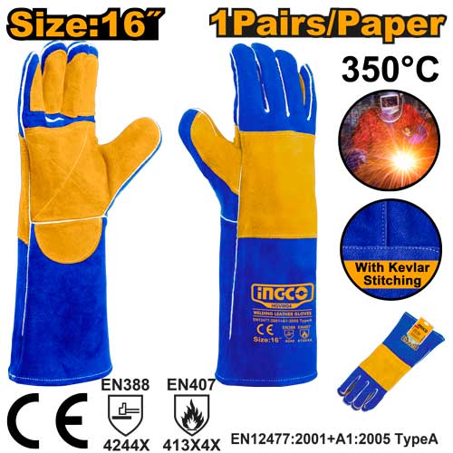Gants de soudage en cuir, résistants aux étincelles (350°C). Taille 40.6cm.