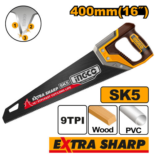 400mm Hand Saw, SK5 blade, 9 TPI Ultra-sharp teeth - Black rust-proof coating.
