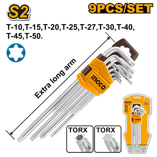 Jeu de 9 clés Torx extra longues (T10-T50). Traitement thermique.