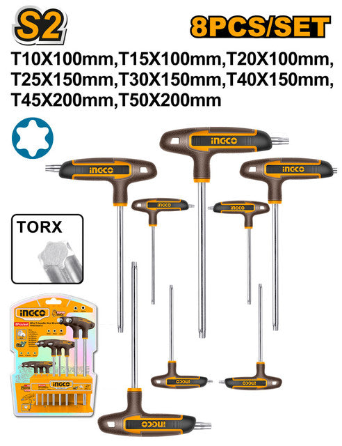 مجموعة مفاتيح توركس (Torx) على شكل T من 8 قطع (T10-T50). مصنوعة من فولاذ الكروم فاناديوم.