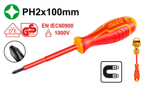 1000V insulated screwdriver, PH2x100mm Phillips.