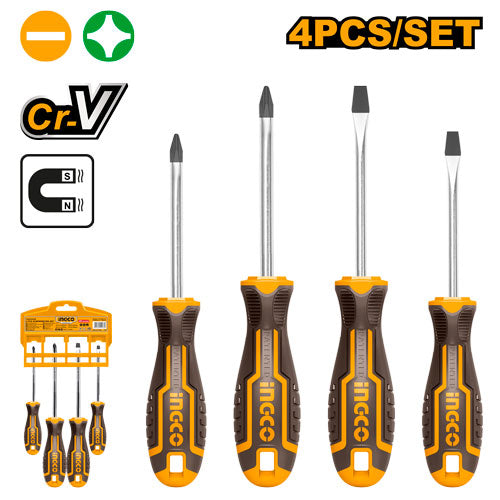 Set 4 tournevis: SL5x100, SL6x150, PH1x100, PH2x150.