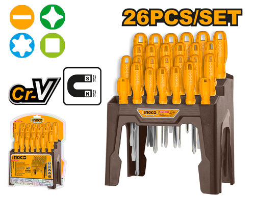 Set 26 tournevis (fente, cruciforme, Torx, carré) avec cadre.