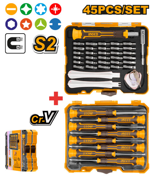 Set 45: 8 tournevis précision + 37 pièces (manche, 30 embouts 4mm).
