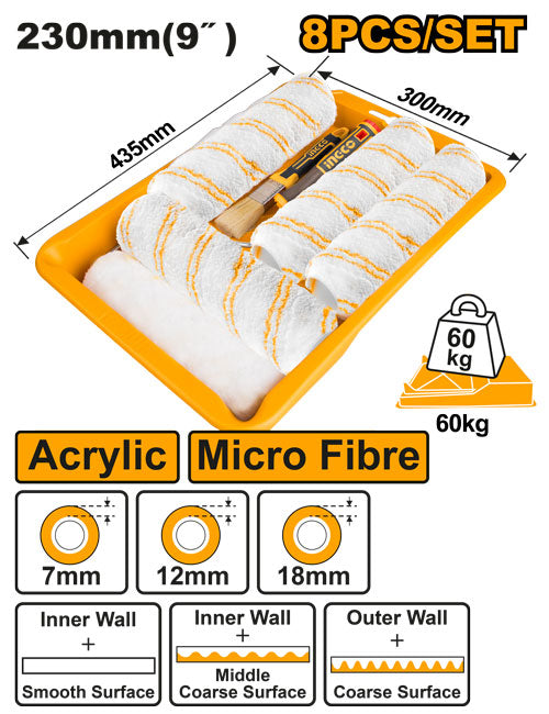 8-piece set: 230mm and 25mm paint rollers, tray.