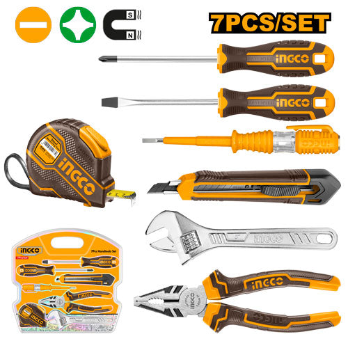Set 7 outils: pince, testeur, clé, cutter, tournevis, mètre.