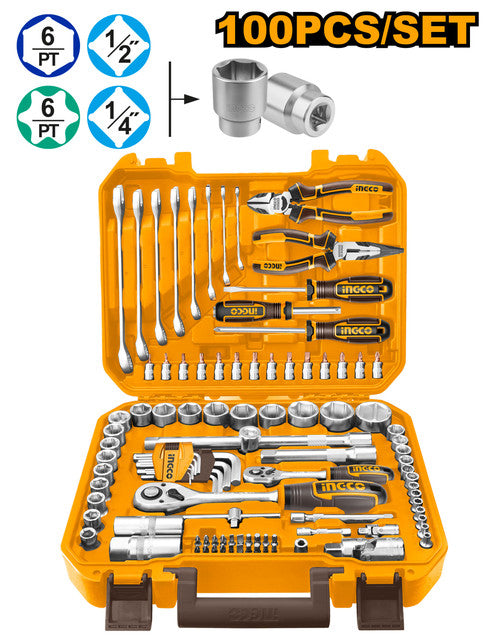 100-piece tool kit: ratchets, sockets, wrenches, pliers, screwdrivers, bits.