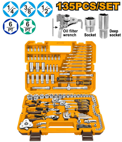 135-piece tool set: ratchets, sockets, wrenches, pliers, screwdrivers, bits.