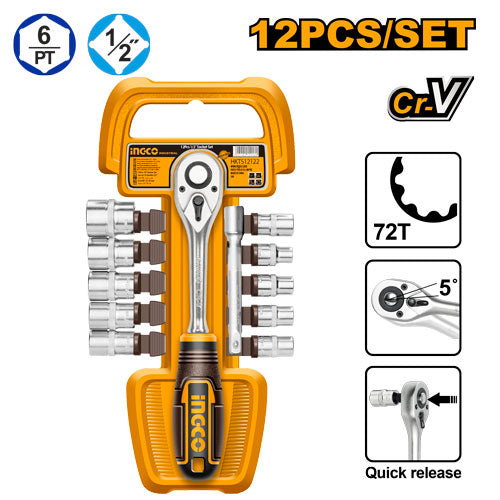 Jeu 12 douilles 1/2" (10-24mm) + cliquet 72T + extension.