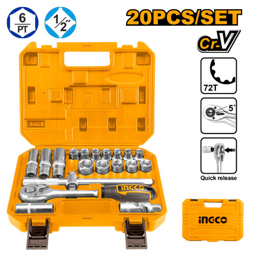 20-piece 1/2" Socket Set: ratchet, 12 sockets, spark plug socket, universal joint, extension, deep sockets.