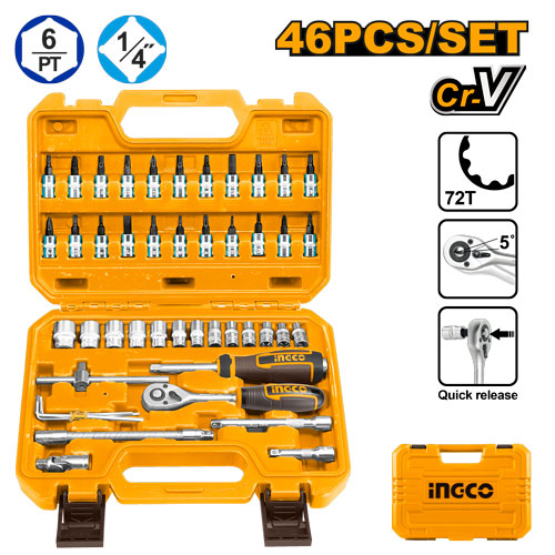 Socket set 1/4" 46 pcs: 72T ratchet, 13 sockets, universal joint, extensions, 22 bits, hex keys