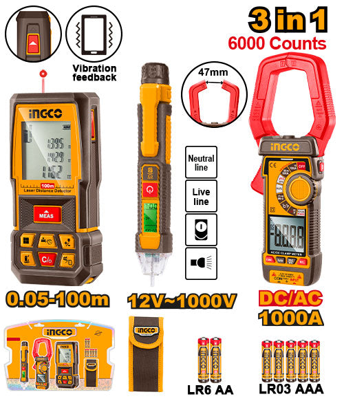 Kit: télémètre laser 100m + pince ampèremétrique + détecteur tension.