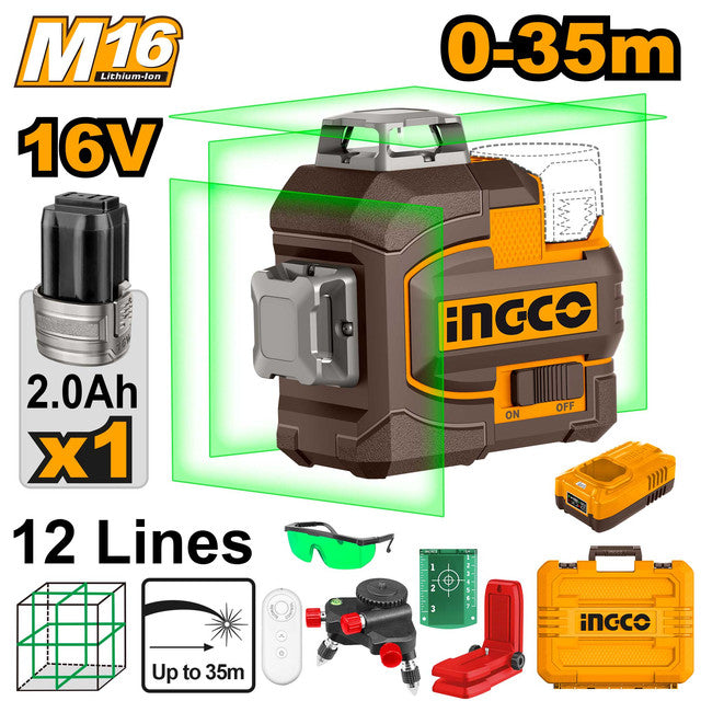 Niveau laser vert 16V, 3x360°. Livré avec batterie 2,0Ah, chargeur, télécommande.
