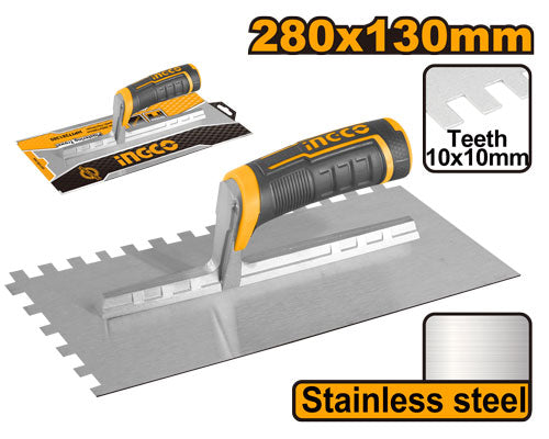 Notched trowel, stainless steel, 280x130mm, 10x10mm notches.